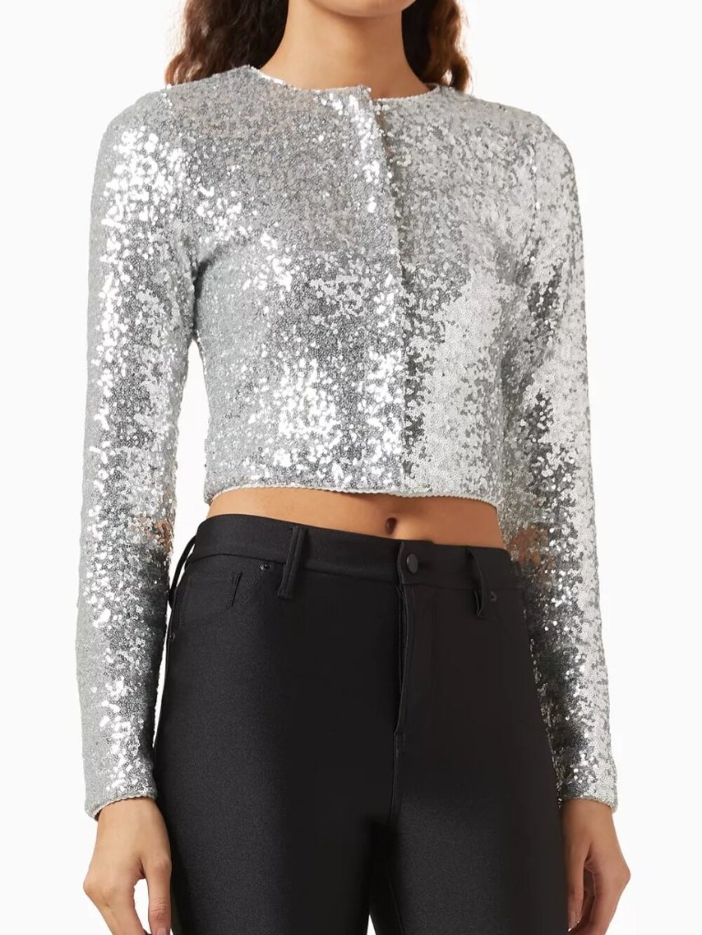 Good American Silver Sequin Cropped Button Front Cardigan Jacket S NWT